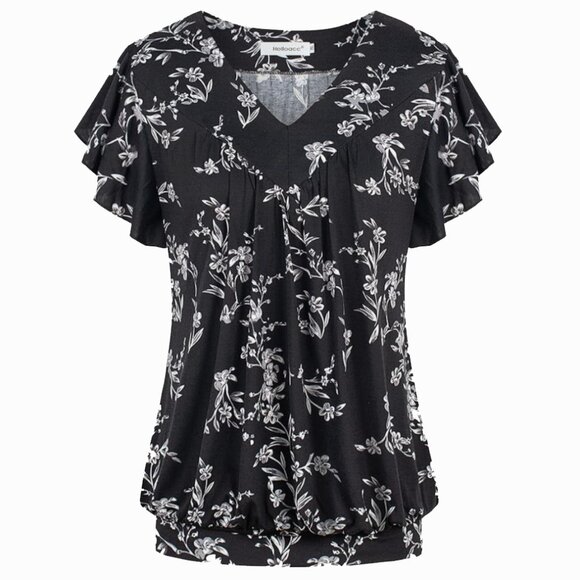 Womens V Neck Short Ruffled Cap Sleeves Banded Hem - Picture 3 of 5